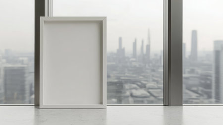 A sleek empty white frame positioned by a large window offers a breathtaking city skyline view, perfect for contemporary office aesthetics and minimalist decoration ideas.の素材
