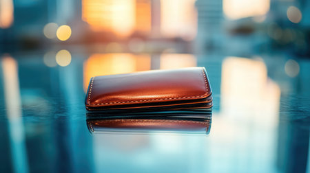 A sleek brown leather wallet sits on a reflective surface, framed by vibrant city lights at sunset, showcasing sophistication and modern style in an urban environment.の素材