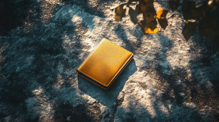 A vibrant yellow wallet positioned on a textured surface, illuminated by soft light and subtle shadows, showcasing a blend of style and elegance ideal for fashion-focused projects.の素材