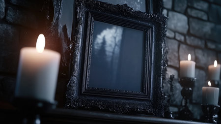 Captivating image of an empty picture frame set against a rustic stone wall, enhanced by the warm glow of flickering candles, creating a hauntingly beautiful atmosphere.の素材