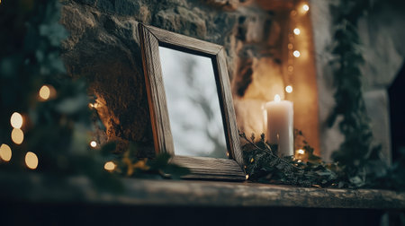 This charming image showcases a vintage mirror on a rustic stone fireplace, surrounded by soft warm lights and a candle, creating a cozy home decor atmosphere.の素材