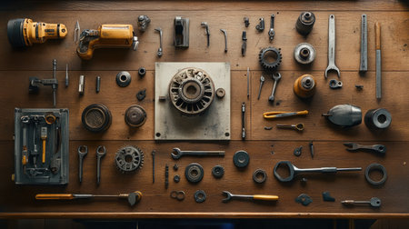 Overhead view of various vintage mechanical tools and equipment arranged meticulously on a wooden tabletop, showcasing essential items for repair and maintenance tasks.の素材