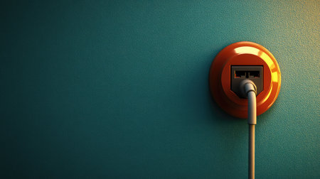 A vibrant orange electrical socket with a connected cable against a textured blue wall, showcasing modern design that enhances home interiors and inspires creative decor ideas.の素材