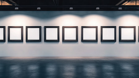A sleek and minimalist interior of an art gallery featuring empty frames on the wall, creating a serene atmosphere ideal for artistic displays and exhibitions.の素材