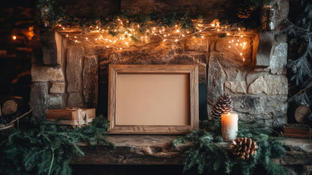 Experience the warmth of Christmas with this charming scene featuring an empty frame on a rustic fireplace adorned with pine cones and fairy lights, perfect for festive decor.の素材