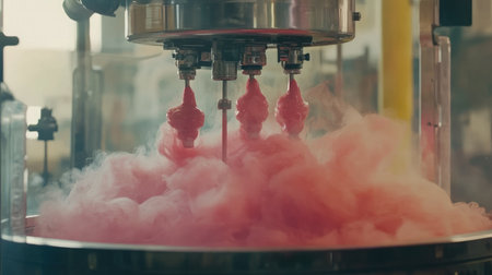 A mesmerizing scene of industrial machinery producing fluffy cotton candy amidst clouds of pink fog, showcasing the intersection of technology and confectionery artistry.の素材