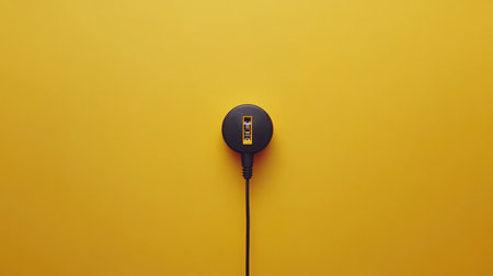 A striking black device sits on a vibrant yellow background, embodying modern design with a minimalistic approach, perfect for technology and creativity themes.の素材