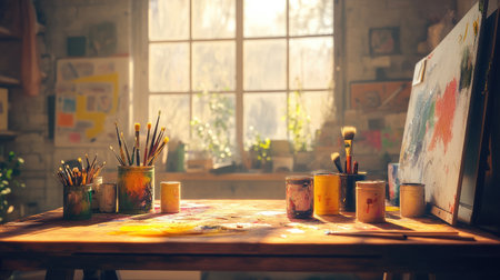 A vibrant art studio filled with brushes, paint cans, and a colorful palette set on a wooden table, illuminated by soft sunlight, evoking creativity and artistic inspiration.の素材