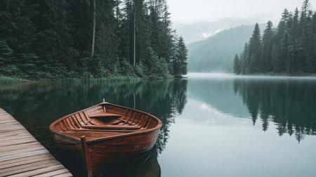 A tranquil scene showcasing a wooden rowboat gently floating on a misty lake, surrounded by lush forests and majestic mountains, evoking a sense of peace and reflection.の素材