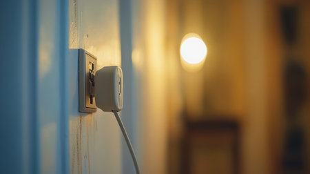 A close-up view of a wall socket with an extension cord plugged in, featuring soft, warm lighting that enhances the cozy atmosphere of an indoor space.の素材