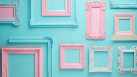 A vibrant arrangement of decorative empty picture frames in soft pastel colors against a light blue background, perfect for interior design inspiration and artistic displays.の素材