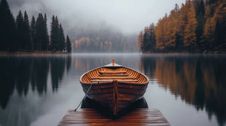 A tranquil scene of a wooden boat anchored at a foggy lake, surrounded by autumn trees. The mirror-like water reflects nature's stillness and beauty.の素材