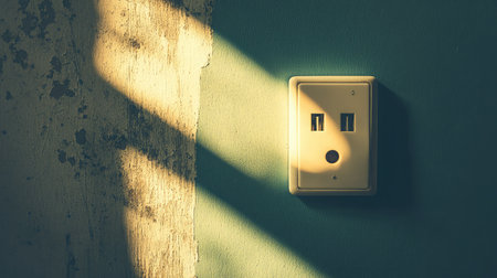 A close-up view of a wall power outlet featuring USB ports, beautifully highlighted by soft natural light and shadows, enhancing the room's inviting ambiance and aesthetic appeal.の素材