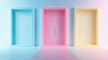 A minimalist artistic depiction showcasing a silhouetted figure within colorful frames highlighting concepts of individuality and beauty against soft backgrounds.の素材