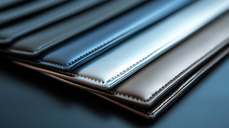 This close-up image features an array of leather textures in rich blue, gray, and black tones, showcasing intricate stitching and a luxurious finish that enhances any creative project.の素材