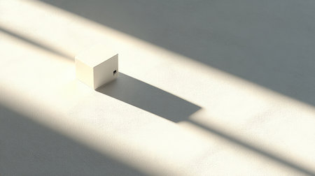 This minimalist image captures a small white cube casting a long shadow on a softly illuminated surface, creating a serene and balanced composition ideal for various design projects.の素材