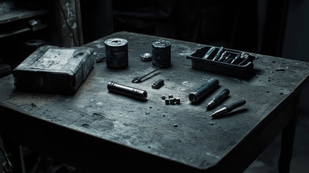 This image showcases a vintage workshop table cluttered with various tools, paint cans, and hardware pieces, highlighting the beauty of craftsmanship and a creative workspace atmosphere.の素材