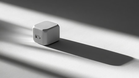 A minimalist white geometric object rests on a smooth surface, casting a striking shadow in soft light, highlighting the beauty of simplicity and contemporary design.の素材