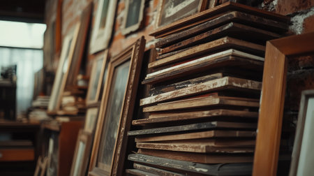 A visually captivating collection of vintage picture frames stacked against a rustic brick wall, showcasing artistry and a charming atmosphere perfect for creative spaces.の素材
