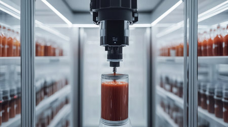 A cutting-edge automated machine efficiently pours rich tomato sauce into a glass jar, set against a backdrop of neatly arranged bottles in a sleek production facility.の素材