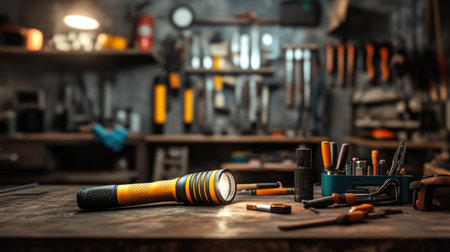 A vibrant flashlight rests on a wooden workbench amidst various hand tools, showcasing a well-organized workshop infused with warm, ambient light, perfect for DIY enthusiasts.の素材