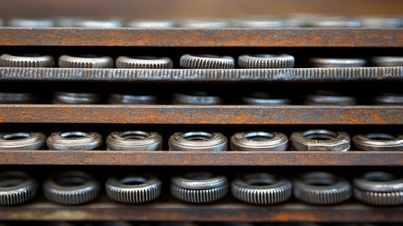 Detailed close-up of metallic washers and nuts neatly stacked on a rusty metal rack, showcasing industrial textures and emphasizing the organized nature of workshop inventory.の素材