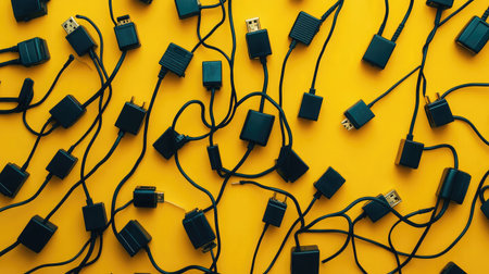A striking flat lay image showcasing an array of charging cables and connectors against a vivid yellow backdrop, ideal for technology and electronics themes.の素材