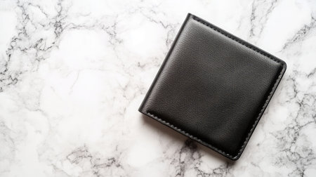 A stylish black leather wallet set against a sophisticated marble background, ideal for showcasing fashion accessories or modern lifestyle concepts in photography.の素材