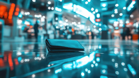 A sleek wallet rests on a polished floor in a shopping mall, surrounded by vibrant lights and blurred shoppers, capturing a moment of lost personal belongings in a busy urban environment.の素材