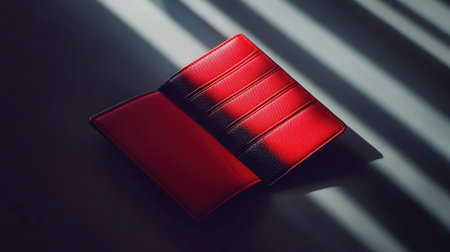 A stylish open wallet in striking red and black lying on a dark surface, illuminated by natural light, creating dramatic shadows and a modern aesthetic ideal for product showcases.の素材