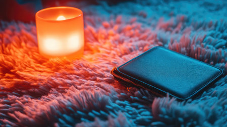 A serene evening setting featuring a glowing candle beside a sleek wallet on a soft rug, creating a warm and inviting atmosphere perfect for relaxation and tranquility.の素材