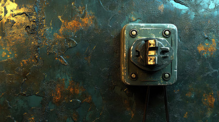 A close-up of a rusty electrical outlet mounted on a weathered blue and green wall, depicting a striking contrast between the texture and colors, capturing a sense of decay.の素材