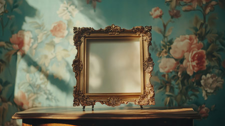 A vintage ornate picture frame sits elegantly on a wooden table, surrounded by vibrant floral wallpaper, capturing a moment of artistic beauty in a softly lit room.の素材