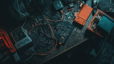 An overhead shot showcasing a busy electronics workspace filled with circuit boards, tangled wires, and tools, perfect for illustrating tech repair projects or creative DIY efforts.の素材