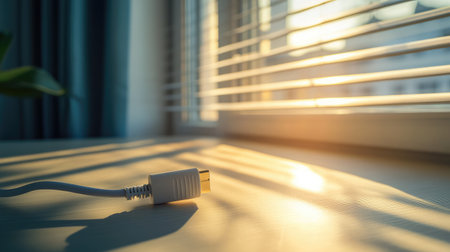 A serene indoor scene featuring a white power cable resting on a table, bathed in warm morning light filtering through blinds, casting soft shadows across the surface.の素材