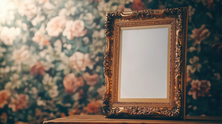 An ornate vintage picture frame stands elegantly against a floral wallpaper backdrop, capturing a warm and inviting atmosphere, perfect for creative displays or photography.の素材