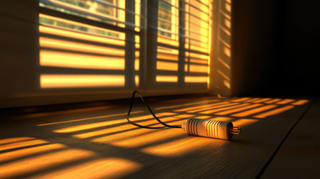 A warm and serene home interior showcasing soft shadows and gentle light streaming through blinds, highlighting a power cable resting on the wooden floor, evoking a cozy ambiance.の素材