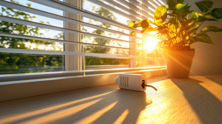 A serene indoor scene featuring sunlight filtering through vertical blinds, an attractive plant in a pot, and a power adapter, creating a tranquil atmosphere perfect for relaxation or work.の素材