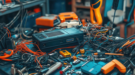 A cluttered workbench showcasing a variety of electronic equipment, tools, and tangled wires, representing a creative environment for tech enthusiasts and DIY projects.の素材