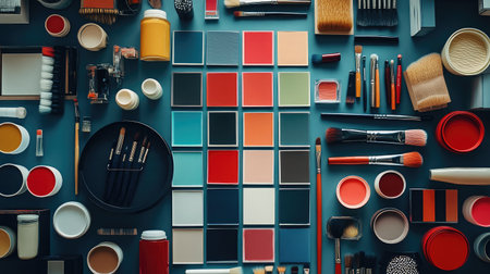 A colorful layout showcasing an array of art supplies including brushes, paints, and palettes, perfect for inspiring creativity and artistic projects.の素材