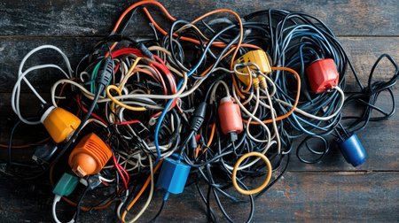 A vibrant collection of tangled electrical wires and connectors sprawls across a rustic wooden surface, illustrating themes of chaos, technology, and creative potential.の素材
