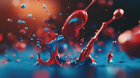 A captivating scene of red and blue paint droplets splashing dynamically, creating an abstract and vibrant background ideal for artistic projects and visual exploration.の素材