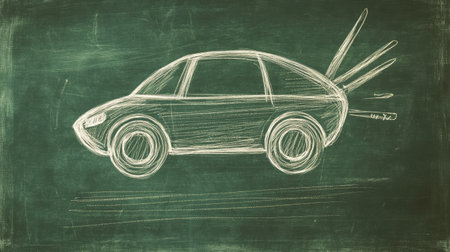 This creative chalk drawing depicts a simple car design on a green chalkboard background, making it perfect for educational, artistic, or playful projects.の素材