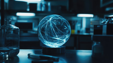 A captivating energy sphere emits a vibrant blue glow in a modern laboratory setting, symbolizing innovation and the exploration of scientific concepts in technology.の素材