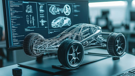 A cutting-edge 3D model of a futuristic car sits on a desk, with engineering graphics on the screen, highlighting innovation in automotive design and technology in a modern workspace.の素材