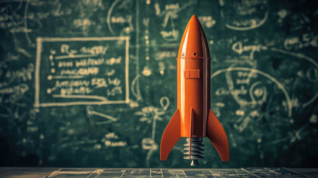 A vibrant orange rocket model sits on a table in front of a chalkboard filled with scientific diagrams, symbolizing innovation, exploration, and creativity in educational settings.の素材