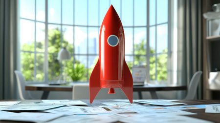 A vibrant red rocket model is placed above scattered papers in a well-lit office, with large windows revealing a refreshing view of greenery and an urban skyline, symbolizing creativity and innovation.の素材