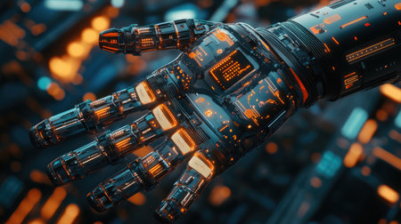 This image showcases a futuristic robotic hand featuring intricate circuits and glowing elements, symbolizing the advancements in technology and artificial intelligence.の素材