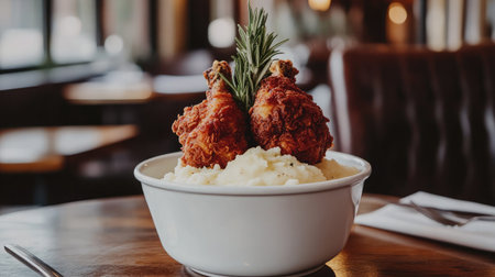 A bowl of creamy mashed potatoes topped with crispy fried chicken, garnished with fresh herbs, captures the essence of comfort food in a warm restaurant setting.の素材