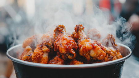 Mouth-watering crispy fried chicken wings emerge steamy from a bowl, evoking a sense of comfort and indulgence, perfect for parties or casual gatherings.の素材
